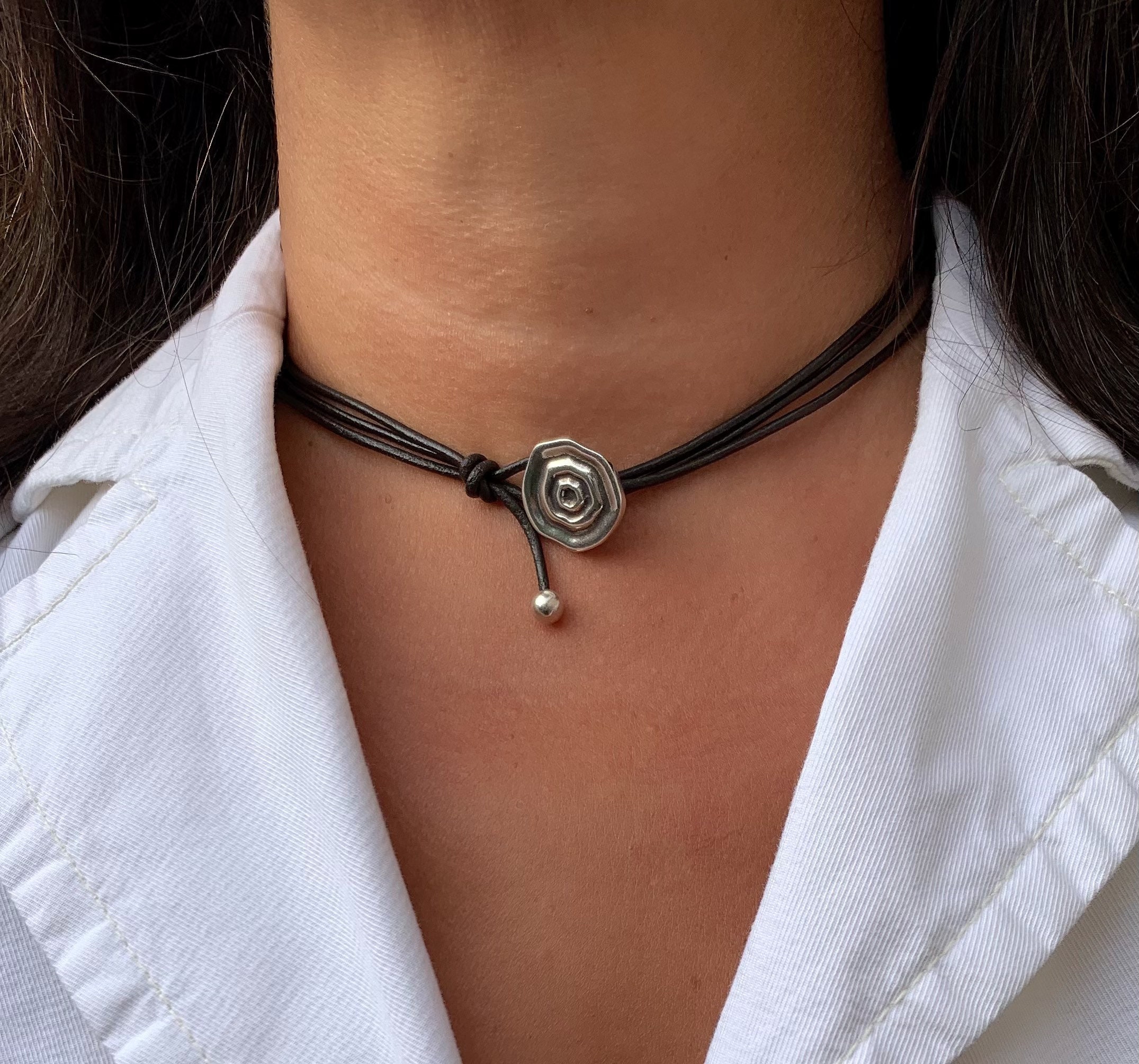 Leather Choker Necklace: Silver Plated Spiral, Boho Wrap