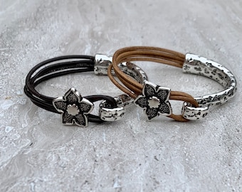 Leather Wrap Bracelet, Antique Silver Flower Boho Cuff For Women