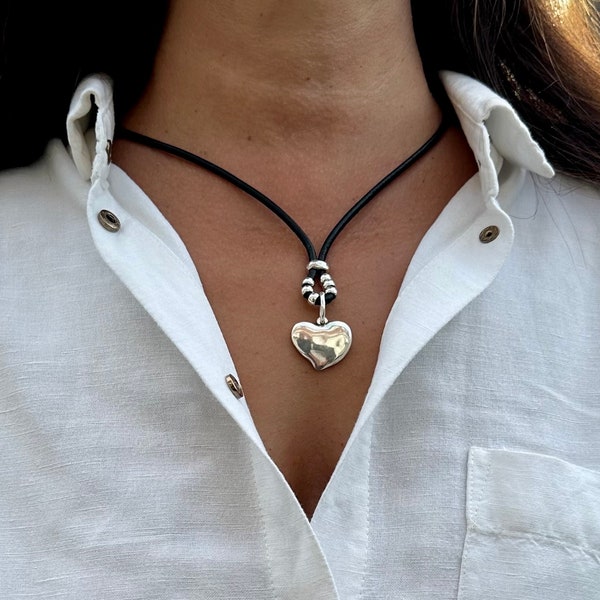 Women Leather Necklace Silver Heart Necklace Statement Boho Necklace Leather Cord Jewellery Silver Plated Gift For Women