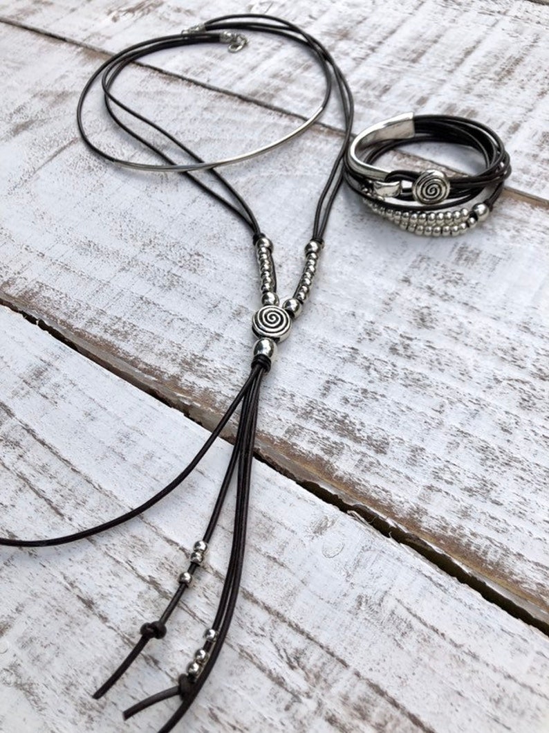 Women/'s Leather Necklace Lariat Necklace Wrap Long Boho Necklace Silver Plated Multistrand Necklace Gift For Women