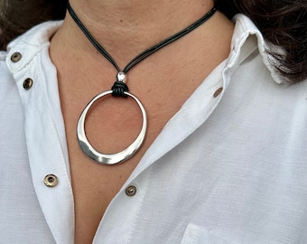 Women Leather Necklace, Silver Plated Large Circle Pendant, Boho Necklace
