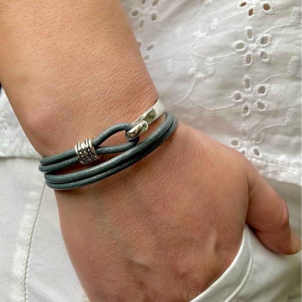 Women’s Leather Bracelet Wrap Boho Bracelet Silver Plated Clasp Minimalist Leather Bracelet Gift For Women