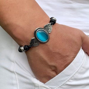 Women’s Blue Crystal Leather Wrap Bracelet, Antique Silver Plated Boho Jewellery