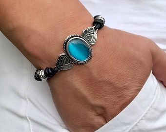 Women’s Leather Bracelet Blue Crystal Bracelet Wrap Boho Bracelet Antique Silver Plated Gift For Women