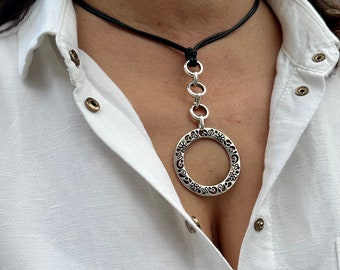 Leather Necklace, Silver Plated Circle Pendant, Boho Chic