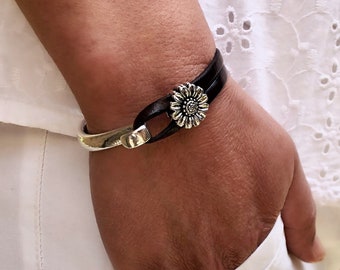 Women’s Leather Bracelet Wrap Sunflower Bracelet Boho Bracelet Silver Plated Gift For Women