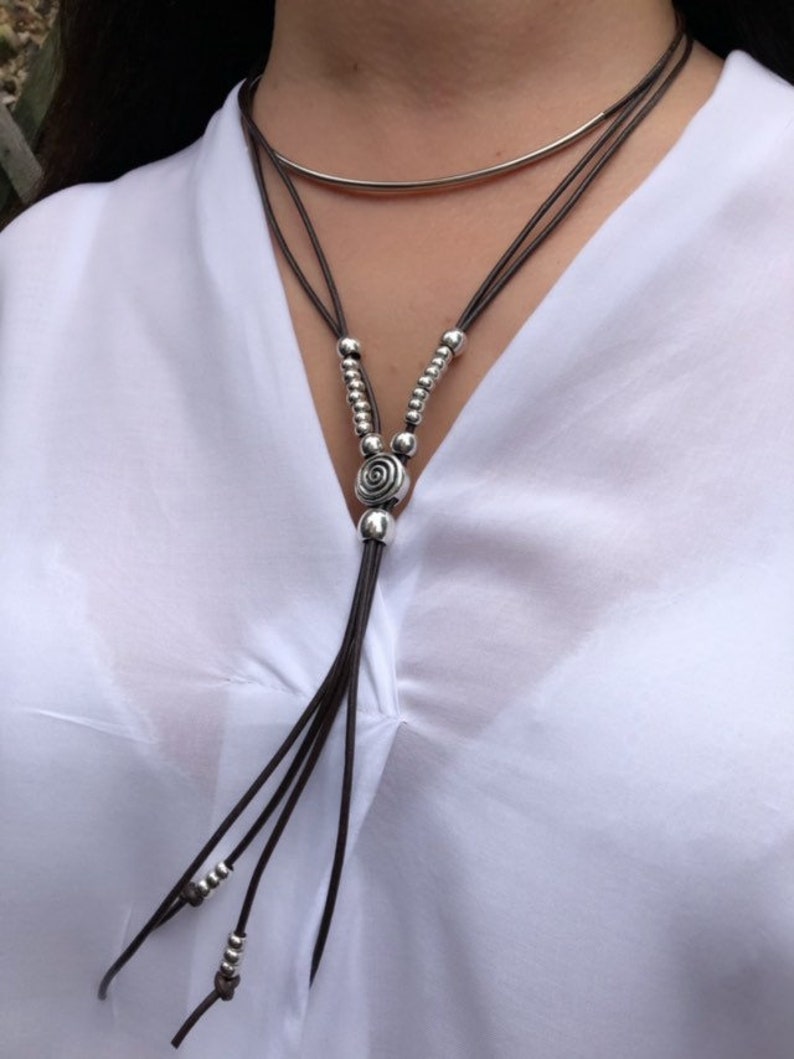 Women/'s Leather Necklace Lariat Necklace Wrap Long Boho Necklace Silver Plated Multistrand Necklace Gift For Women