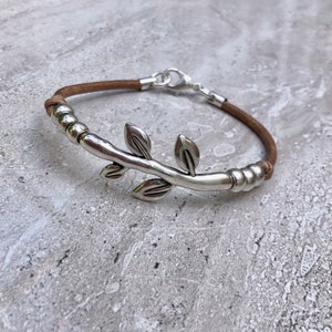 Womens Leather Bracelet Silver Leaves Bracelet Wrap Boho Bracelet Silver Plated Beads Gift For Women image 5