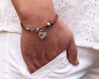 Leather Bracelet Women’s Bracelet Silver Stainless Steel Heart Wrap Leather Bracelet Tiny Friendship Bracelet