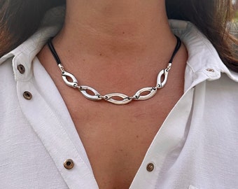 Women’s Leather Necklace Silver Links  Necklace Geometric Statement Necklace Gift For Women