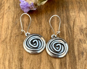 Spiral Drop Earrings, Antique Silver Plated, Hippie Statement Hooks