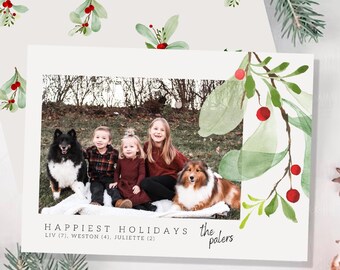 Holly Berries-kerstkaart - aquarel boho familiefotokaart - kerstkaart met neutrale kleuren en groen - sjabloon downloaden