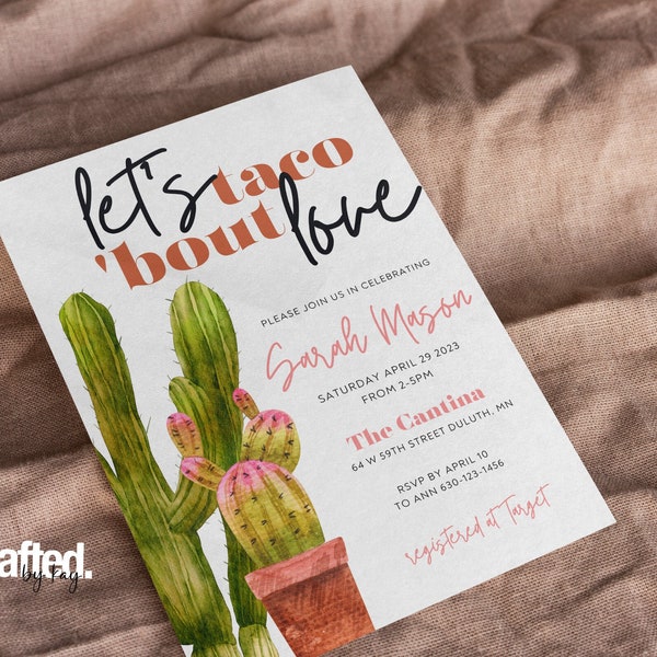 Cactus Fiesta - Lets Taco Bout Love Bridal Shower Invitation - Fiesta Co-ed Wedding Shower Invitation - DIY Edit and Download Template