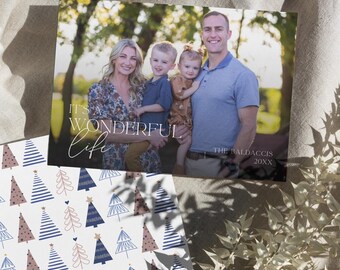 Kerstkaart Its a Wonderful Life - marineblauwe en bruine kerstkaart familiefoto - sjabloon kerstkaart