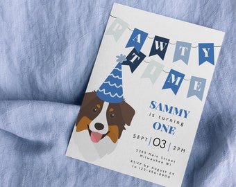 Verjaardagsuitnodiging Australian Shepherd puppy – thema hond Pawty (sjabloon downloaden)