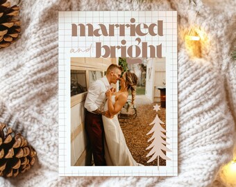 Married and Bright kerstkaart - boho kerstkaart - pasgetrouwde fotokaart - kerstkaart 2024 - sjabloon downloaden