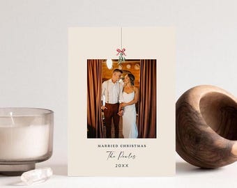 Getrouwde kerstkaart - pasgetrouwde maretakvakantie - eerste kerstmis - trouwfotokaart - sjabloon downloaden