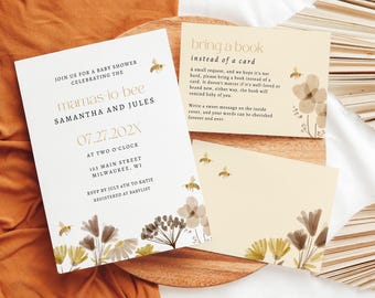 Uitnodiging babyshower aquarel bloemen honingbij (sjabloon downloaden)