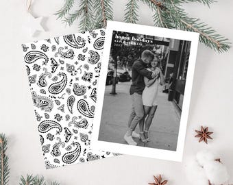 Zwart-wit Paisley Feestdag - Kerst Fotokaart Kerst - Verloving Pas getrouwde familie Kerstkaart - Sjabloon downloaden