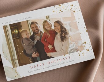 Goud en geruite vakantiefotokaart - familiekerstkaart - bladgoud - bruin geruit - trending kerstkaart - sjabloon downloaden