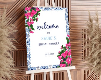 Mamma Mia-welkomstbord – blauwe tegel, bougainvillea (doe-het-zelfsjabloon downloaden)