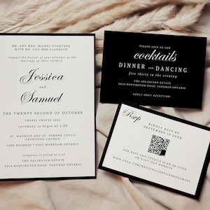 Suite di inviti per matrimonio in bianco e nero - Dettagli eleganti dell'invito Codice QR RSVP - Set di nozze chic con cravatta nera - Download del modello