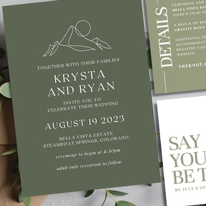 Mountain Wedding Invitation Suite - Shades of Green and White Wedding Colors - Mountain Stationary - QR code RSVP - DIY Template Download
