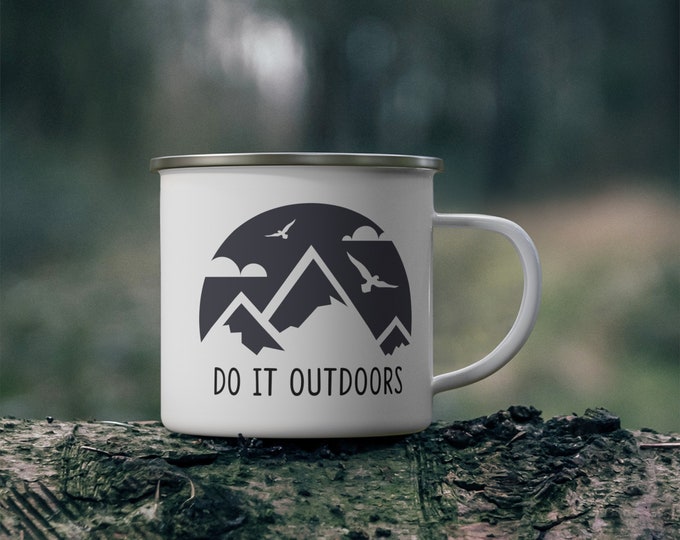 Hiking mug, Enamel Mug, Trail hiker, Backpacker Gift, Mountain Climber Mug, Camping Mug, Travel Mug, Forest Mug, Outdoor mug, Mountain Mug