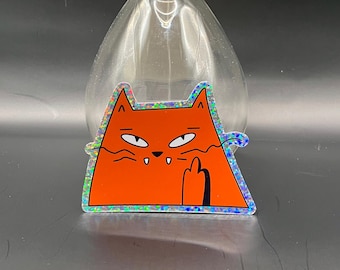 Sassy Orange Cat Glitter Sticker: Funny Middle Finger Gift
