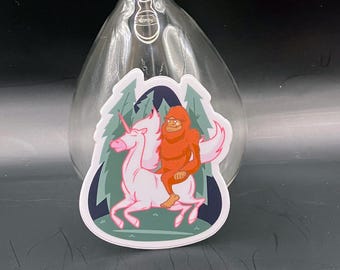 Sasquatch Riding Unicorn Sticker, Funny Bigfoot Vinyl Decal, Weird Cryptid Sticker