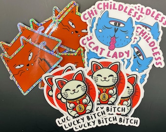 Funny Cat Sticker Pack: Maneki-Neko, Middle Finger, Childless Lady