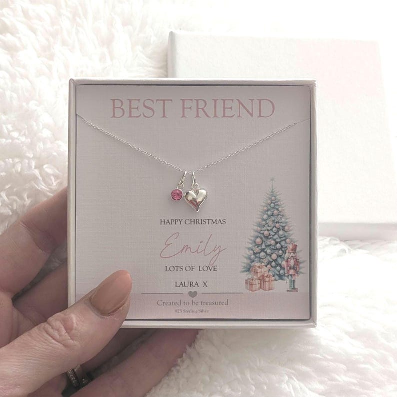 Personalised Best Friend Christmas Necklace, 925 Silver Heart