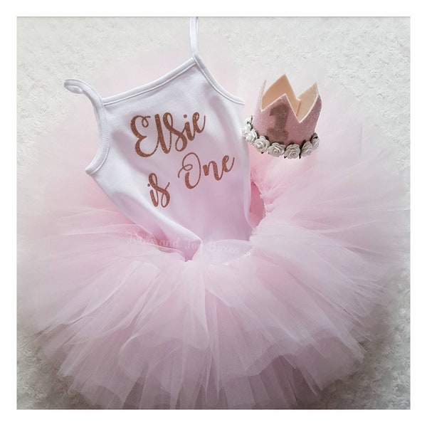 Personalised Rose Gold 1st birthday/cake smash tutu outfit, pale pink tutu, baby pink, crown, bodysuit, vest, party, one, two