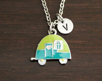 Camper Blue Green Necklace - Camp Trailer Necklace - Camping Lover - Camping Jewelry - Camp Sign Necklace - Outdoor Lover - Campground-I/B/H