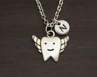 Tooth Fairy Necklace, Silver Tooth with Wings Charm, Tooth Fairy Charm, Tooth Charm, Gift Dentist, Dentist Necklace, Tooth Jewelry - I/B/H