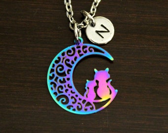 Rainbow Cat Necklace - Cat Jewelry - Crazy Cat Lady - Cat Lover Necklace - Two Cats Moon - Feline Necklace - Cat with Moon Charm-I/B/H