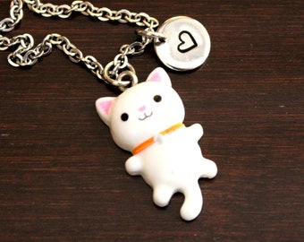 White Cat Necklace - Cat Jewelry - Crazy Cat Lady - Cat Lover Necklace - Simple Cat Necklace - Feline Necklace - Colored Cat  Charm - I/B/H