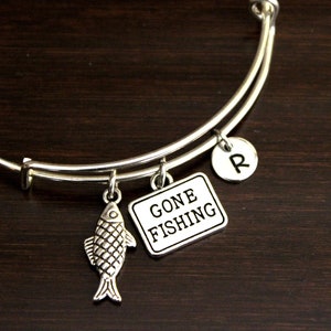 Gone Fishing Bangle Bracelet - Fish Lover - Fishing Lover - Fishing Sign - Fishing Jewelry - Fisherman Gift - Fish Charm - Past Time - I/B/H