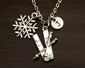 Ski Snowflake Necklace - Skis & Poles Necklace - Winter Necklace - Snowflake Necklace - Winter Jewelry - Skier Necklace - Ski Jewelry-I/B/H