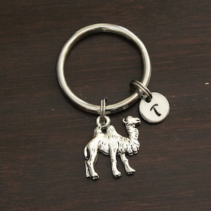 May include: Silver keychain with a camel charm and a round charm with the letter T.