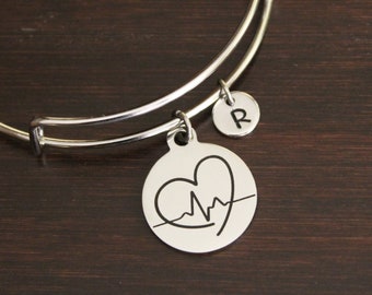 Heartbeat Heart Bangle Bracelet - Nurse Bangle- Nurse Jewelry - RN Gift - Nurses Week Gift - Ultrasound Bangle-New Baby-Medical Bangle-I/B/H