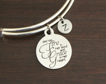 She Has Fire In Her Soul And Grace In Her Heart Personalized Hand Stamped Initial Birthstone Inspirational Stainless Steel Bangle Bracelet