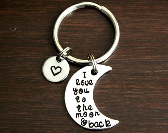 'I love you to the moon and back' Moon Silver Metal Keyring Charm Free Gift Bag 