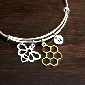 Bee and Honey Comb Bangle Bracelet - Animal Lover Gift - Buzz - Bee Gift - Bee Lover Gift - Apiary Gift - Beekeeper - I/H/B