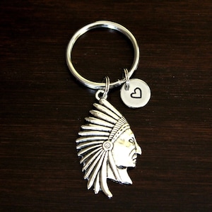 May include: Silver-toned keychain featuring a Native American headdress pendant and a small round charm with a heart symbol. The keychain is on a dark brown wooden surface.