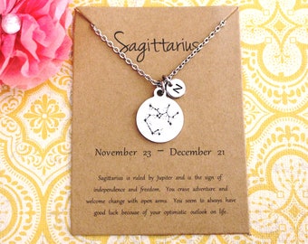 May include: A silver necklace with a Sagittarius zodiac sign charm and a small letter 'Z' charm. The necklace is displayed on a brown card with the text 'Sagittarius, November 23 - December 21' and a description of the Sagittarius zodiac sign.