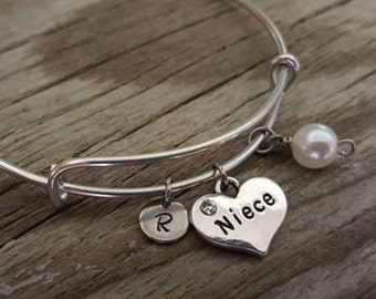 Niece Bangle - Niece Bracelet - Niece Gift - Niece Heart Jewelry - I/B