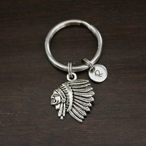 May include: Silver keychain with a Native American headdress charm and a silver charm with the letter "R" on it.