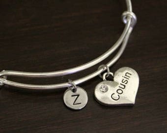 Cousin Bangle - Cousin Bracelet - Cousin Gift - Cousin Heart Jewelry - I/B