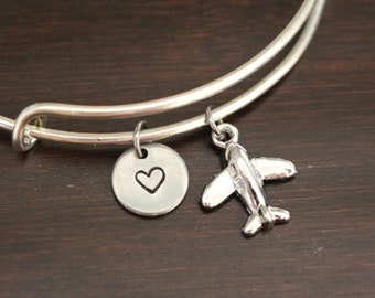 Small Airplane Bangle Bracelet -Airplane Jewelry-Pilot Gift-Flight Attendant Gift-Stewardess Gift-Aerial-Aviation-Air Traffic Control-I/B/H